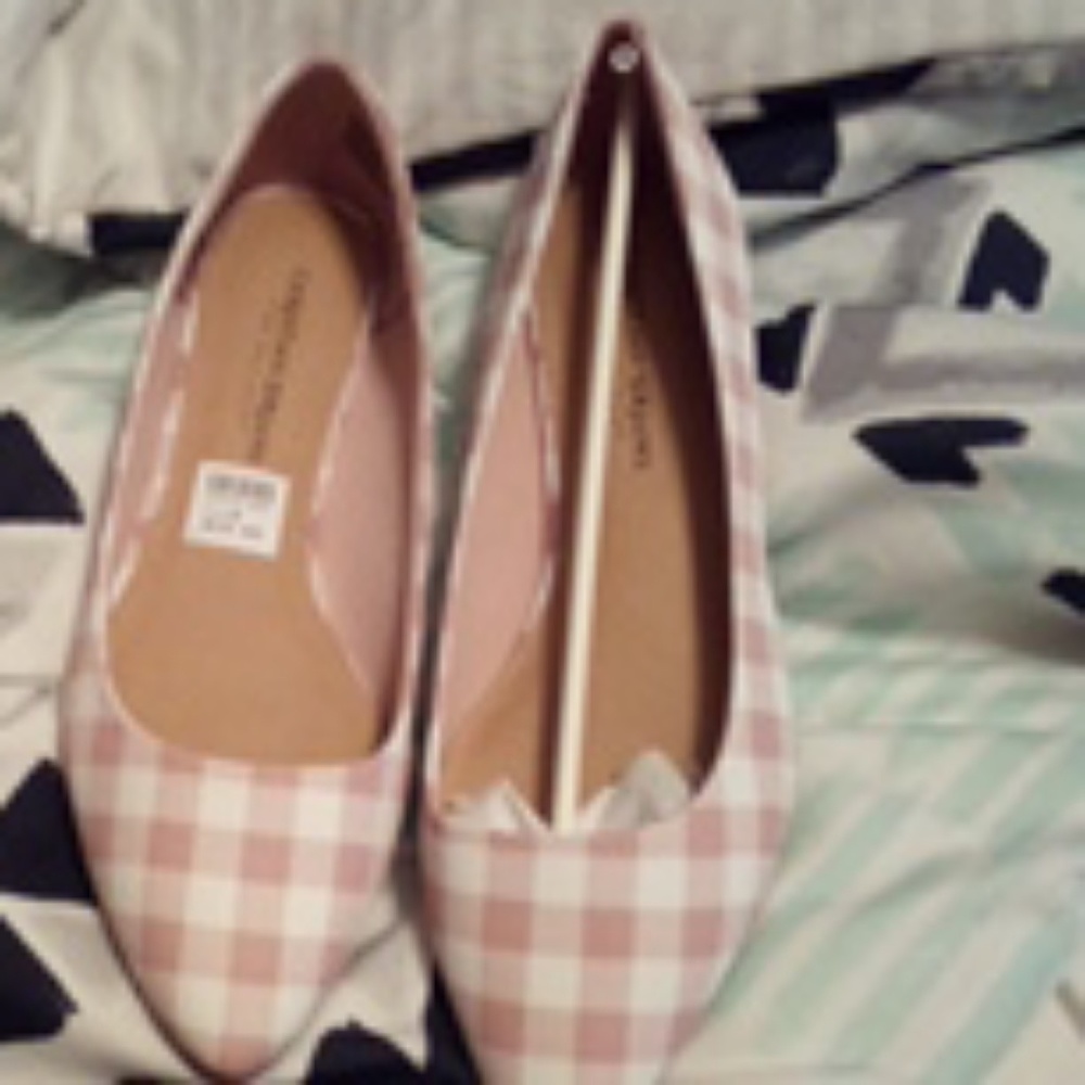 White and pink plaid flats